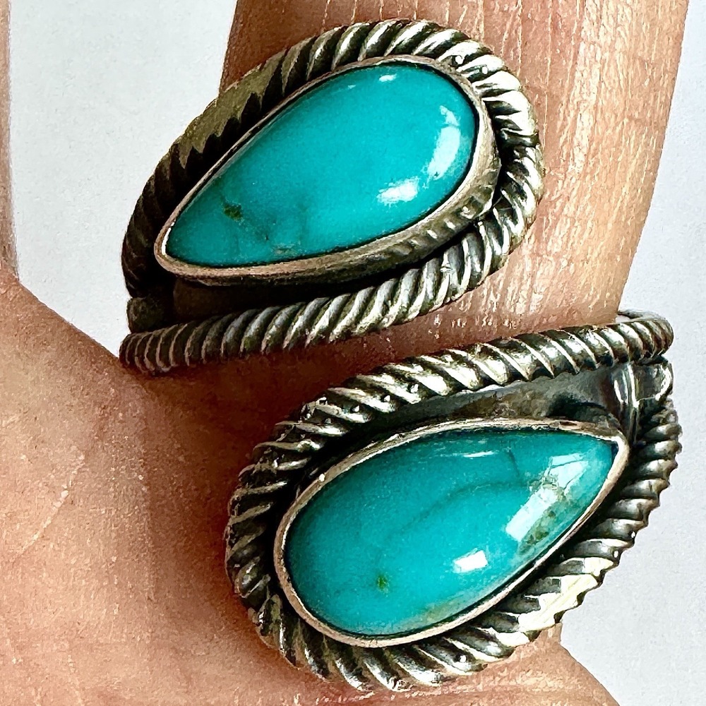 Navajo Turquoise Wrap Ring Sz 8‎ Adjustable Bypass Sterling Signed N